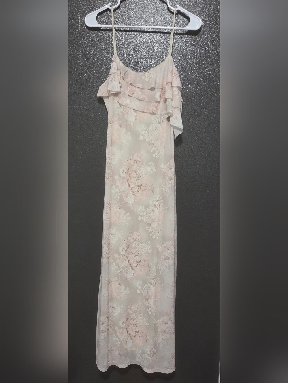 Light Beige With Light Pink Floral Ruffle Maxi Dress